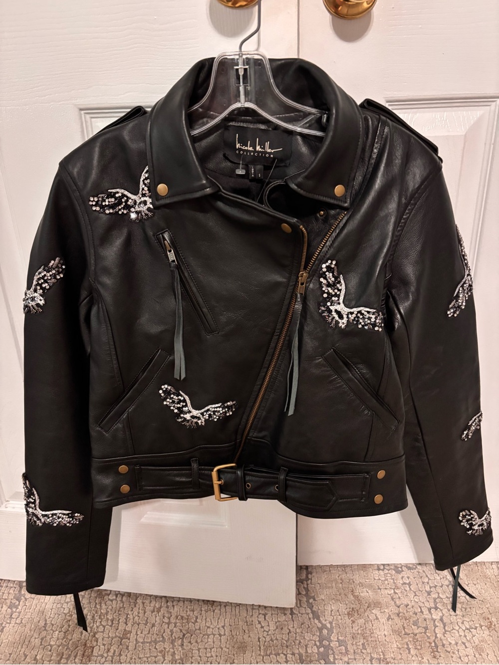 NWT Nicole Miller Black Embellished 100 % Leather Moto Jacket size s
